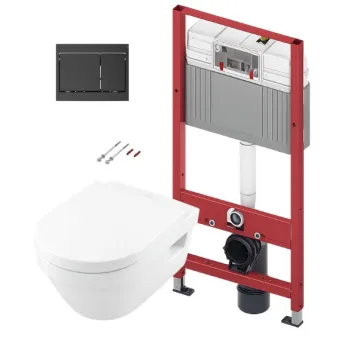 Tualetes poda komplekts TECEbase rāmis ar Villeroy & Boch Architectura Rimless podu, SoftClose Slim vāku un TECEnow Melnu pogu