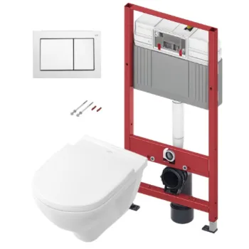 Tualetes poda komplekts TECEbase rāmis ar Villeroy & Boch O.novo Rimless podu, SoftClose Slim vāku un TECEnow Baltu pogu