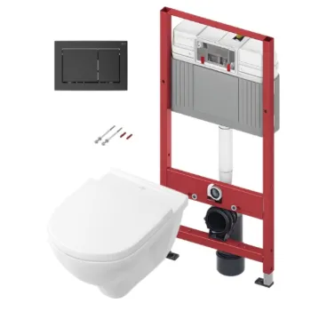 Tualetes poda komplekts TECEbase rāmis ar Villeroy & Boch O.novo Rimless podu, SoftClose Slim vāku un TECEnow Melnu pogu
