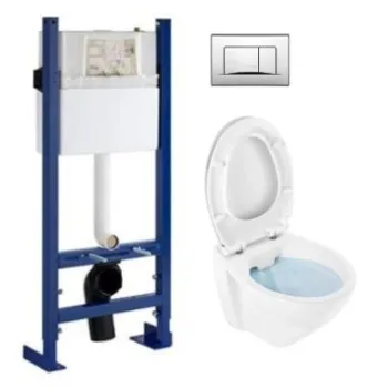 Tualetes poda Komplekts Sanindusa Sanfix rāmis ar Cetus 52 Rimfree Baltu podu ar vāku SoftClose un Hromētu pogu