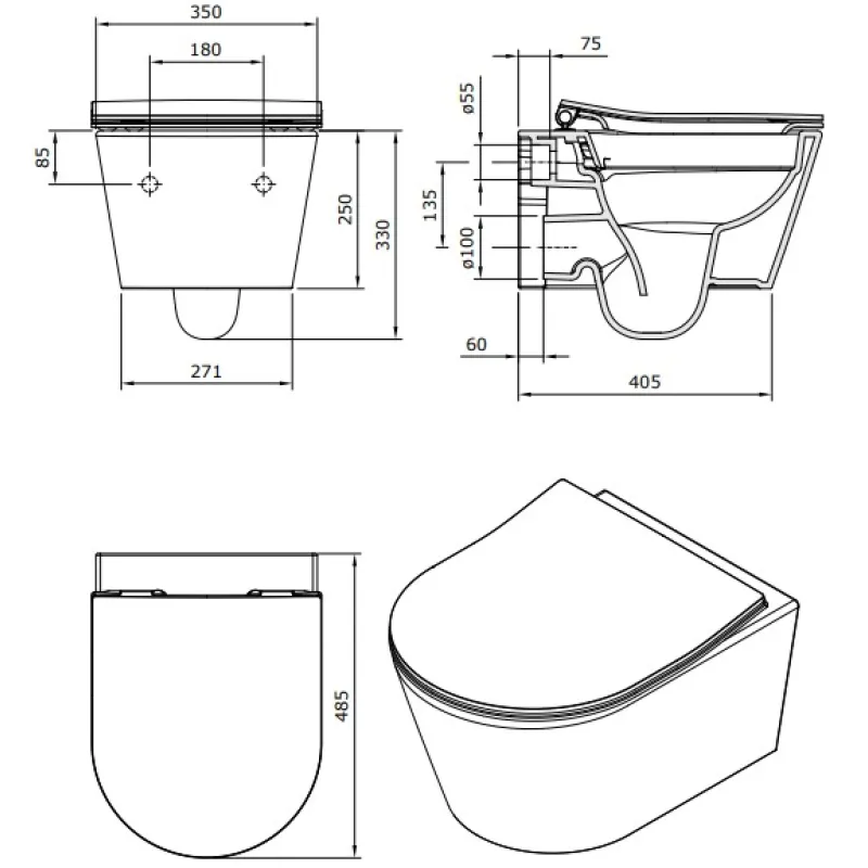 Tualetes poda Komplekts Sanindusa Sanfix rāmis ar Urb.y 48 Rimfree Baltu podu ar vāku SoftClose un Hromētu pogu