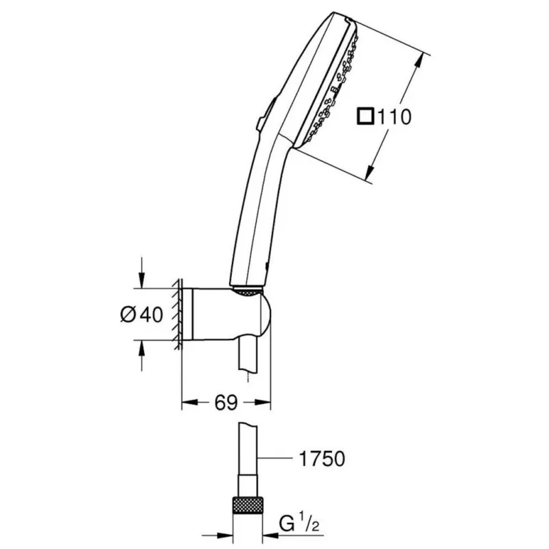 Dušas komplekts Grohe Vitalio Comfort, rokas duša, turētājs un šļūtene, 3 plūsmas, hroms 26176001