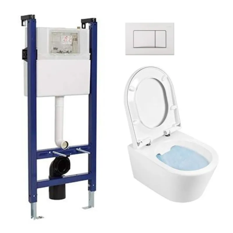 Tualetes poda Komplekts Sanindusa Sanfix rāmis ar Urb.y 48 Rimfree Baltu podu ar vāku SoftClose un Baltu pogu