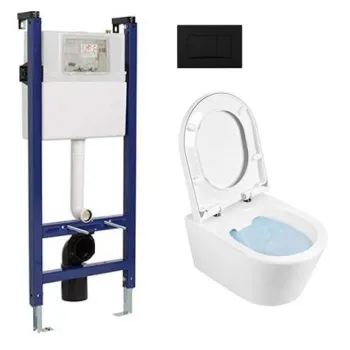 Tualetes poda Komplekts Sanindusa Sanfix rāmis ar Urb.y 48 Rimfree Baltu podu ar vāku SoftClose un Melnu pogu