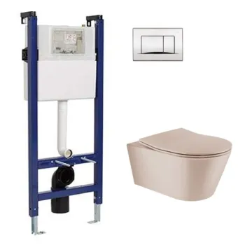 Tualetes poda Komplekts Sanindusa Sanfix rāmis ar Urb.y 48 Rimfree Taupe Matt podu ar vāku SoftClose un Hromēta satīna pogu