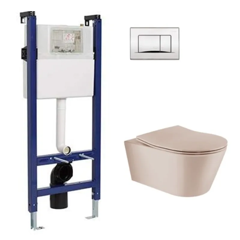 Tualetes poda Komplekts Sanindusa Sanfix rāmis ar Urb.y 48 Rimfree Taupe Matt podu ar vāku SoftClose un Hromēta satīna pogu