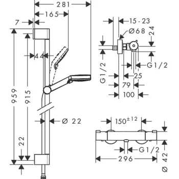 Dušas komplekti Hansgrohe Crometta Vario ar Ecostat 1001 CL termostatu, 2 plūsmas režīmi, balts/hroms 27813400