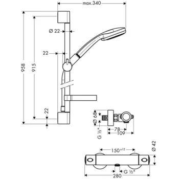 Dušas komplekts Hansgrohe Croma 100 ar termostatu, 3 strūklas, 90 cm stienis, hroms 27085000