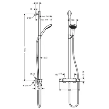 Dušas komplekts Hansgrohe Croma Select S SemiPipe Multi ar termostatu, balts/hroms 27247400