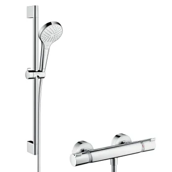 Dušas komplekts Hansgrohe Croma Select S ar termostatu, 3 plūsmas veidi, dušas stienis 65 cm, balts/hroms 27013400