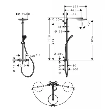 Dušas sistēma Hansgrohe Pulsify S Puro ar termostatu, D26 cm, 3 plūsmas veidi, pulēta bronza 24236140 Neražo