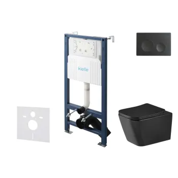 Tualetes poda komplekts Kielle Genesis Rāmis ar Klielle Arkas I Vortex Rimless+ melnu podu, SoftClose vāku un Gemini New I Melnu Matētu Pogu 30528SS94