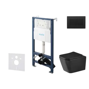 Tualetes poda komplekts Kielle Genesis Rāmis ar Klielle Arkas I Vortex Rimless+ melnu podu, SoftClose vāku un Gemini New III Melnu Matētu Pogu 30528SS96