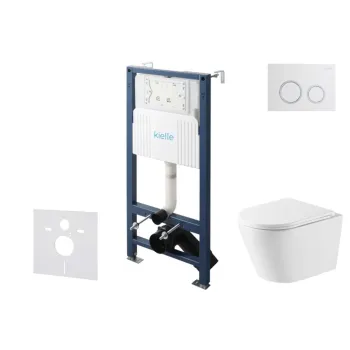 Tualetes poda komplekts Kielle Genesis Rāmis ar Klielle Nefia Vortex Rimless podu, SoftClose vāku un Gemini New II Hromētu/Baltu pogu 30528SS49