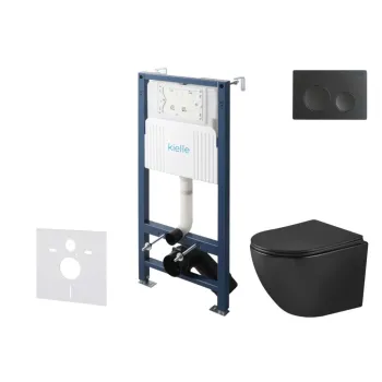 Tualetes poda komplekts Kielle Genesis Rāmis ar Klielle Oudee Vortex Rimless+ melnu podu, SoftClose vāku un Gemini New I Melnu Matētu Pogu 30528SS91