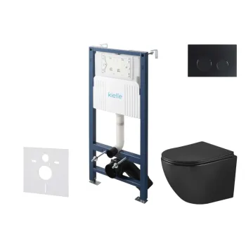 Tualetes poda komplekts Kielle Genesis Rāmis ar Klielle Oudee Vortex Rimless+ melnu podu, SoftClose vāku un Gemini New II Melnu Matētu Pogu 30528SS92