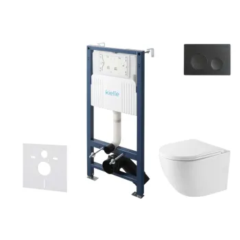 Tualetes poda komplekts Kielle Genesis Rāmis ar Klielle Oudee Vortex Rimless+ podu, SoftClose vāku un Gemini New I Melnu Matētu pogu 30528SS39