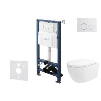 Tualetes poda komplekts Kielle Genesis Rāmis ar Klielle Oudee Vortex Rimless+ podu, SoftClose vāku un Gemini New II Hromētu/Baltu pogu 30528SS22