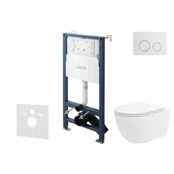 Tualetes poda komplekts Kielle Genesis Rāmis ar Klielle Oudee Vortex Rimless+ podu, SoftClose vāku un Gemini New II Hromētu/Baltu pogu 30528SS31