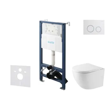 Tualetes poda komplekts Kielle Genesis Rāmis ar Klielle Oudee Vortex Rimless podu, SoftClose vāku un Gemini New II Hromētu/Baltu pogu 30528SS40