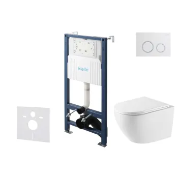 Tualetes poda komplekts Kielle Genesis Rāmis ar Klielle Oudee Vortex Rimless+ podu, SoftClose vāku un Gemini New II Hromētu/Baltu pogu 30528SS58