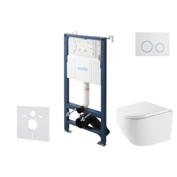 Tualetes poda komplekts Kielle Genesis Rāmis ar Klielle Oudee Vortex Rimless+ podu, SoftClose vāku un Gemini New II Hromētu/Baltu pogu 30528SS67