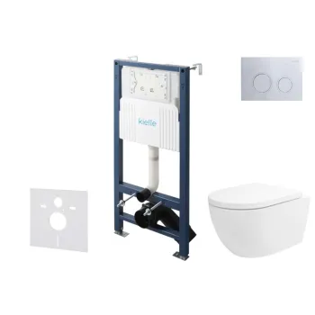 Tualetes poda komplekts Kielle Genesis Rāmis ar Klielle Oudee, Vortex Rimless+ podu, SoftClose vāku un Gemini New II Hromētu Pogu 30528SS23