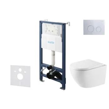 Tualetes poda komplekts Kielle Genesis Rāmis ar Klielle Oudee Vortex Rimless+ podu, SoftClose vāku un Gemini New II Hromētu Pogu 30528SS59