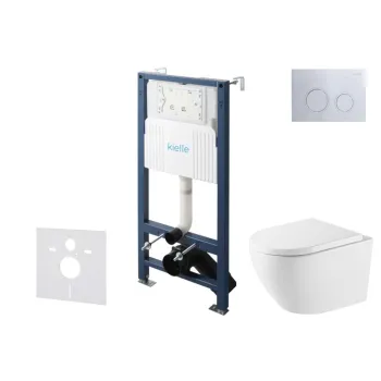 Tualetes poda komplekts Kielle Genesis Rāmis ar Klielle Oudee Vortex Rimless+ podu, SoftClose vāku un Gemini New II Hromētu Pogu 30528SS68