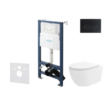 Tualetes poda komplekts Kielle Genesis Rāmis ar Klielle Oudee Vortex Rimless+ podu, SoftClose vāku un Gemini New II Melnu Matētu Pogu 30528SS33