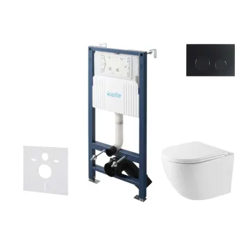 Tualetes poda komplekts Kielle Genesis Rāmis ar Klielle Oudee Vortex Rimless+ podu, SoftClose vāku un Gemini New II Melnu Matētu pogu 30528SS42