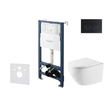 Tualetes poda komplekts Kielle Genesis Rāmis ar Klielle Oudee Vortex Rimless+ podu, SoftClose vāku un Gemini New II Melnu Matētu pogu 30528SS60