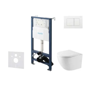 Tualetes poda komplekts Kielle Genesis Rāmis ar Klielle Oudee Vortex Rimless podu, SoftClose vāku un Gemini New III Baltu pogu 30528SS43