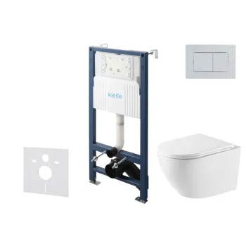 Tualetes poda komplekts Kielle Genesis Rāmis ar Klielle Oudee Vortex Rimless+ podu, SoftClose vāku un Gemini New III Hromētu Pogu 30528SS62