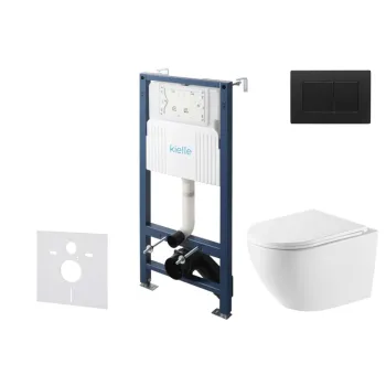Tualetes poda komplekts Kielle Genesis Rāmis ar Klielle Oudee Vortex Rimless+ podu, SoftClose vāku un Gemini New III Melnu Matētu Pogu 30528SS63