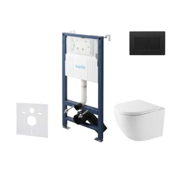 Tualetes poda komplekts Kielle Genesis Rāmis ar Klielle Oudee Vortex Rimless+ podu, SoftClose vāku un Gemini New III Melnu Matētu pogu 30528SS45
