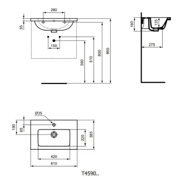 Mēbeļu izlietne Ideal Standard i.Life S  61x39x18 cm, ar pārplūdes atveri, jaucējkrānam, balta T459001