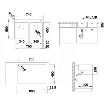 Virtuves izlietne Blanco Andano 340/340, 75x50 cm, InFino, nerūsējošais tērauds 525248