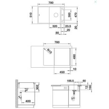 Virtuves izlietne Blanco Axia III 45 Silgranīta, 78x51 cm, ar aksesuāriem, InFino, antracīts 523173