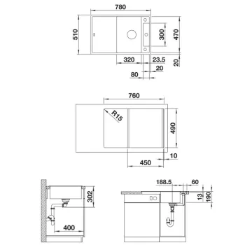 Virtuves izlietne Blanco Axia III 45 Silgranīta, 78x51 cm, ar aksesuāriem, InFino, balta 523177