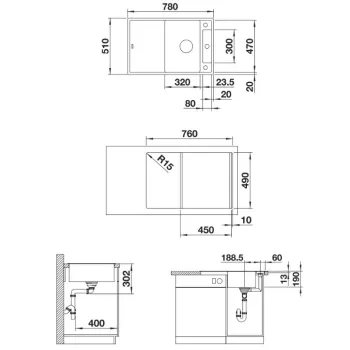 Virtuves izlietne Blanco Axia III 45 Silgranīta, 78x51 cm, ar aksesuāriem, InFino, balta 523187