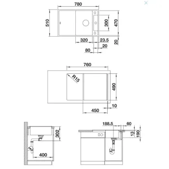 Virtuves izlietne Blanco Axia III 45 Silgranīta, 78x51 cm, ar aksesuāriem, InFino, pelēks akmens 523174