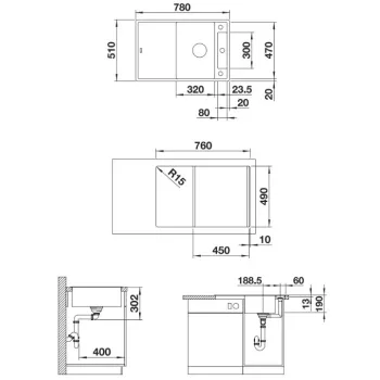 Virtuves izlietne Blanco Axia III 45 Silgranīta, 78x51 cm, ar piederumiem, InFino, tartufo 523180