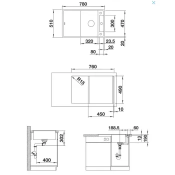Virtuves izlietne Blanco Axia III 45 Silgranīta, 78x51 cm, ar piederumiem, InFino, tartufo 523190