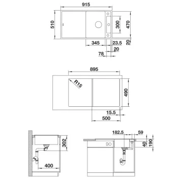 Virtuves izlietne Blanco Axia III 5 Silgranīta, 92x51 cm, ar aksesuāriem, InFino, antracīts 523215