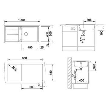 Virtuves izlietne Blanco Metra XL 6 Silgranīta, 100x50 cm, ar notekas vadību, melna 525931