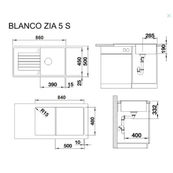 Virtuves izlietne Blanco Zia 5 Silgranīta, 86x50 cm, ar notekas vadību, antracīta krāsā 520502