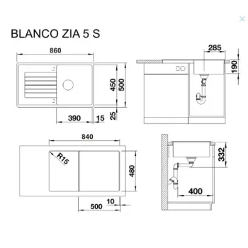 Virtuves izlietne Blanco Zia 5 Silgranīta, 86x50 cm, ar notekas vadību, melna 526015