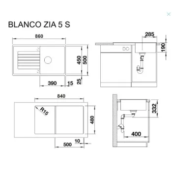 Virtuves izlietne Blanco Zia 5 Silgranīta, 86x50 cm, melna 526016