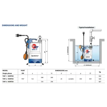 Iegremdējamais Ūdens Sūknis Pedrollo TOP2 VORTEX (0.37kW ~230m)) Ar pludiņu un 5 m kabeli.